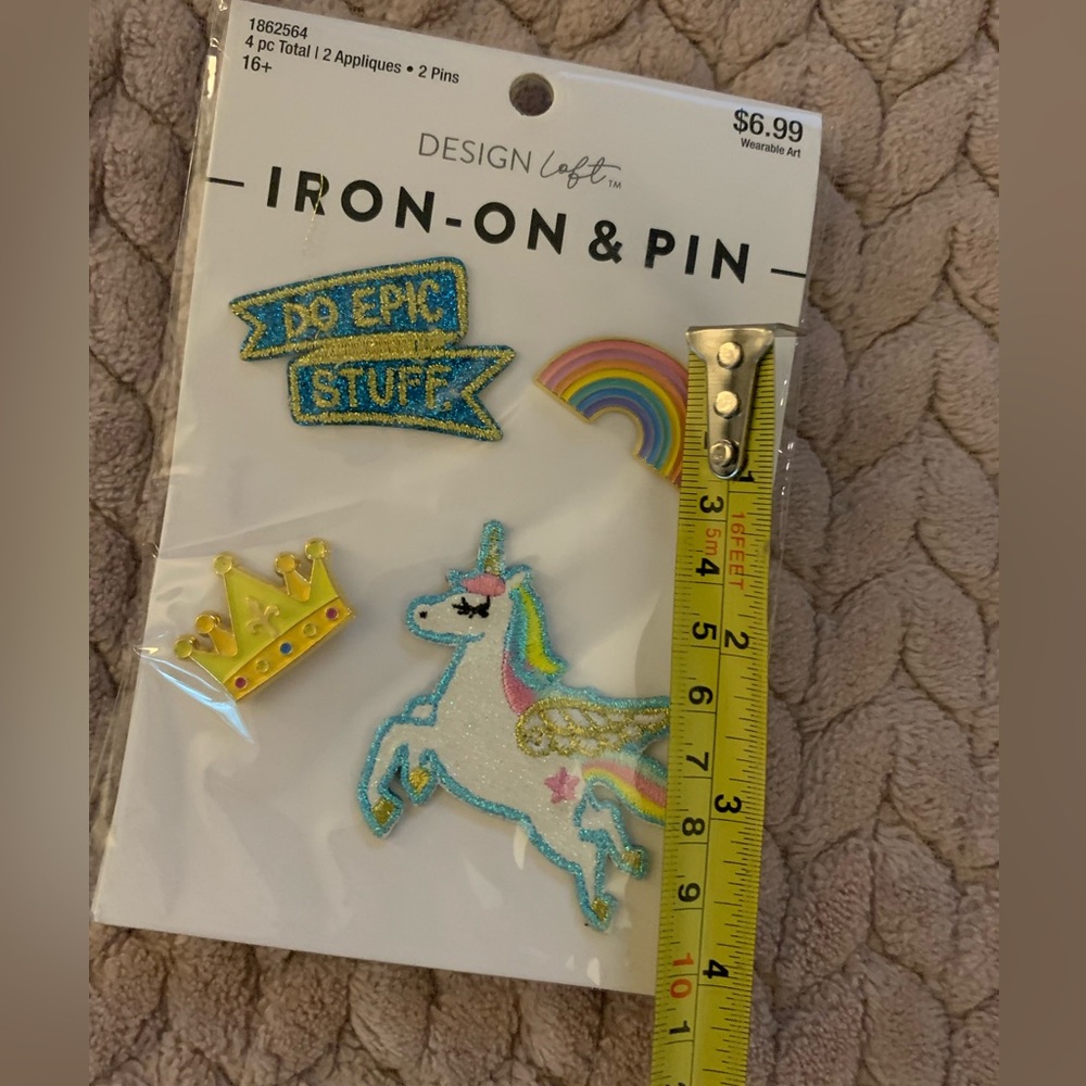 New Design Loft IRON-ON & PINS Set of 4 Rainbow Crown Unicorn “Do Epic Stuff”